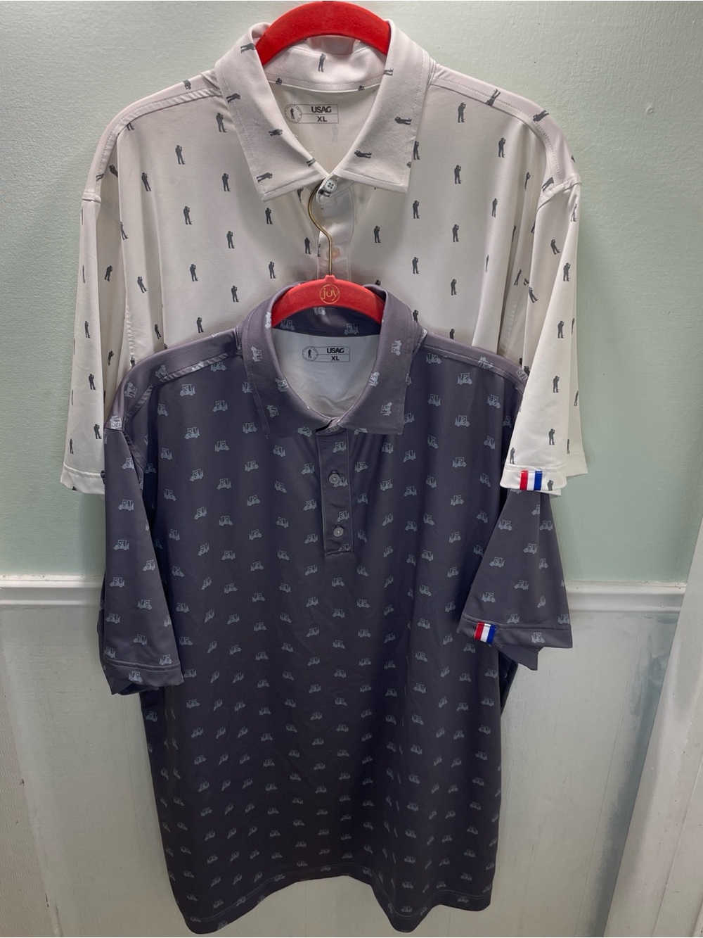 (Lot of 2) USAG Men's Polo Shirt - White & Gray Mini Golfer and golf cart Print